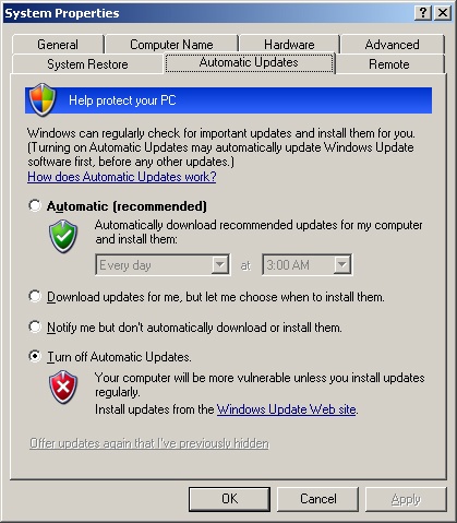 Configure Windows XP Automatic Updates