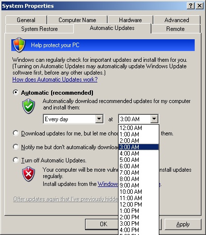 Configure Windows XP Automatic Updates