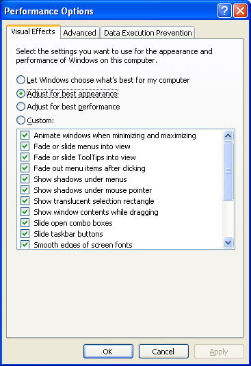 Speed up Windows XP by disabling visual effects