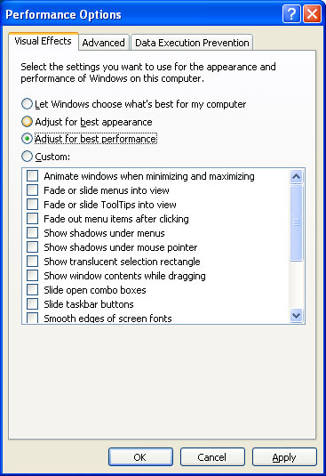 Speed up Windows XP by disabling visual effects