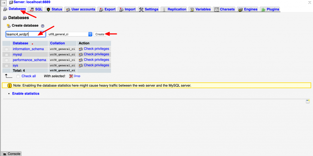 phpmyadmin create a database